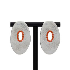 Cercei Ovali corai placați cu argint și cristale